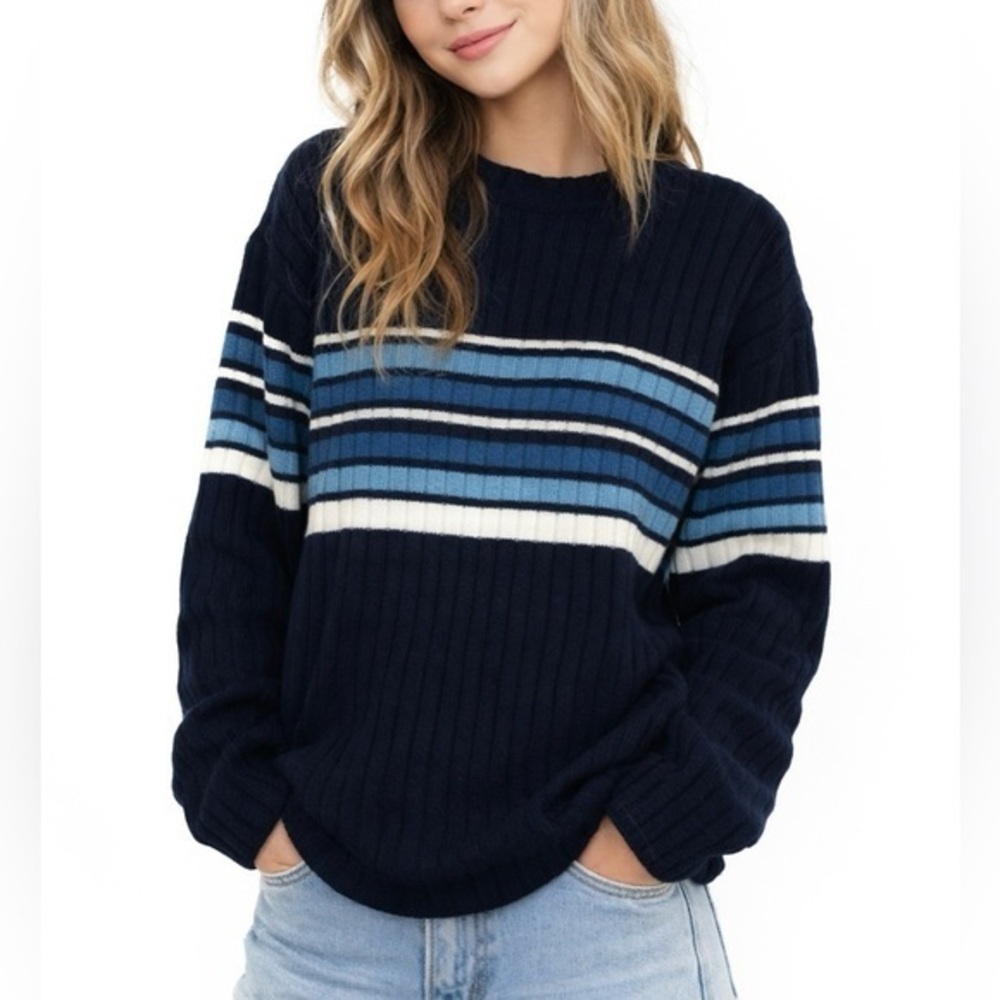 NYC Collection Navy Blue White Striped Ribbed Sweater Women’s Size M Retro Y2K